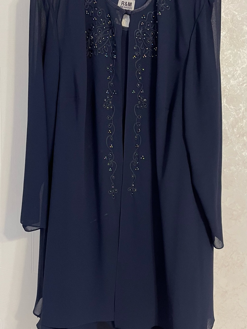 Mother/Mother in Law/ Grandmother of Bride Navy Long Sleeve Beaded Overlay Dress